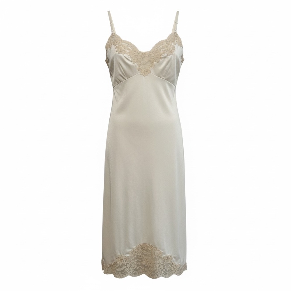 Vintage ‘50’s Van Raalte Women's Suavette Nylon Lace Lingerie Slip Ivory & Taupe